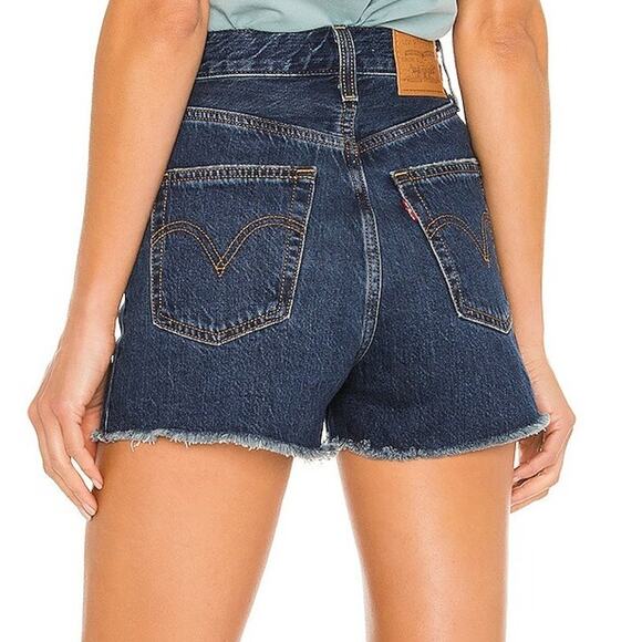 Levi's Premium Denim Dark Wash Button Fly High Waist Ribcage Shorts in Noe Five - Picture 7 of 11